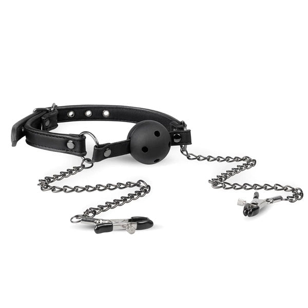 Easytoys Fetish Collection - Open Ball Gag with Nipple Clamps