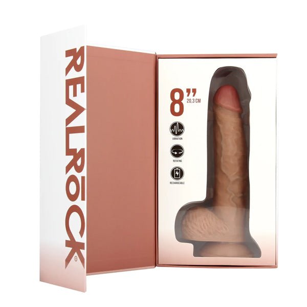 RealRock Vibrating and Rotating Straight Cock with Balls - 8" - Tan