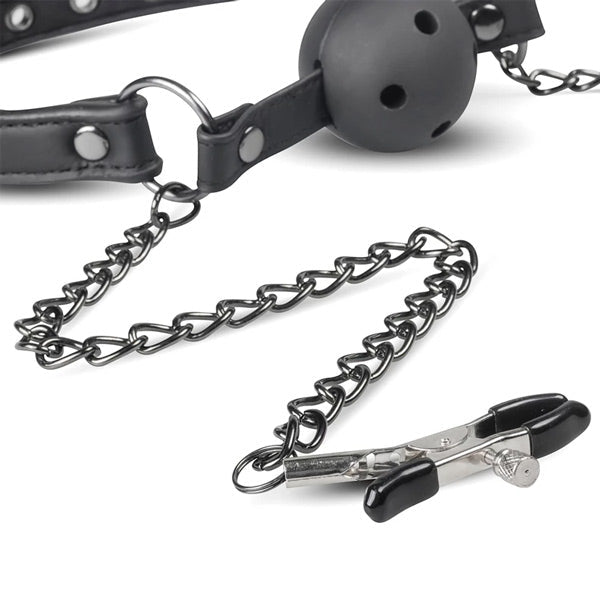 Easytoys Fetish Collection - Open Ball Gag with Nipple Clamps