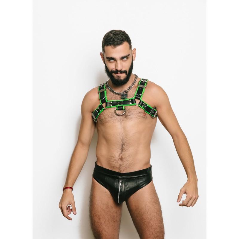 Titus H-Front Leather Chest Harness with COLOURED Piping | Lime Green